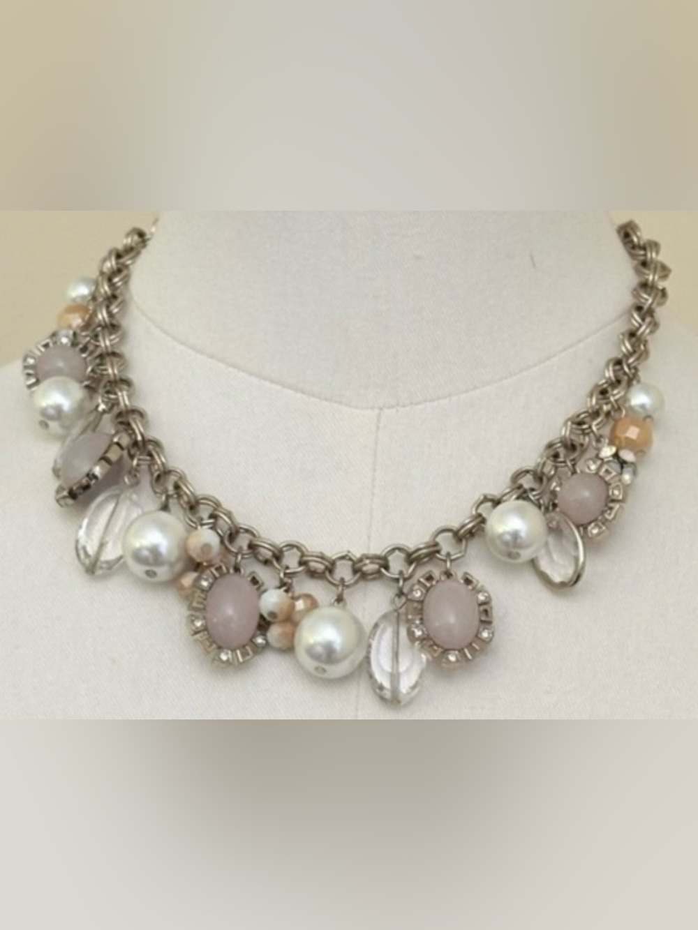 WHBM Vintage Silver Chunky Charm Necklace with Pale Pink Cabochon and Clear Bead